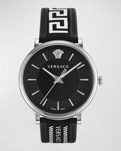 Versace V-Circle Greca Edition Leather Strap Watch, 42Mm - Black