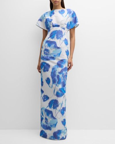Lela Rose Boat-Neck Floral Empire-Waist Short-Sleeve Gown - Blue