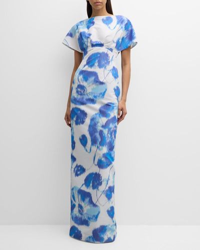 Lela Rose Boat-neck Floral Empire-waist Short-sleeve Gown - Blue