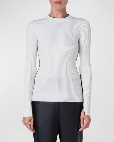 Akris Punto Contrast-Piping Slit-Cuff Rib Knit Sweater - Gray