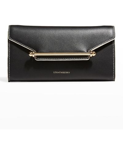 Strathberry Multrees Flap Leather Wallet On Chain - Black