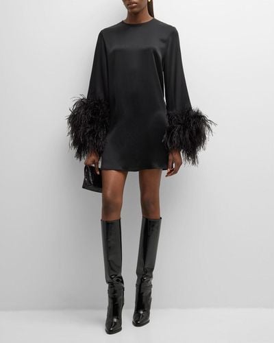 LAPOINTE Feather-Trim Long-Sleeve Satin Mini Shift Dress - Black