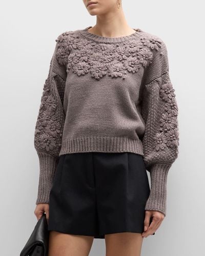 Stellah Chunky-knit Floral-embroidered Pullover - Gray