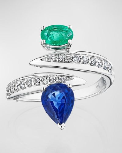 Hueb 18k White Gold Sapphire And Emerald Ring With Vs-gh Diamonds - Blue