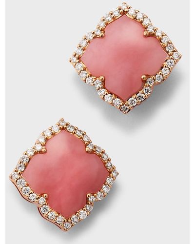 Piranesi 18K Rose Carved Opal And Round Diamond Small Stud Earrings - Pink