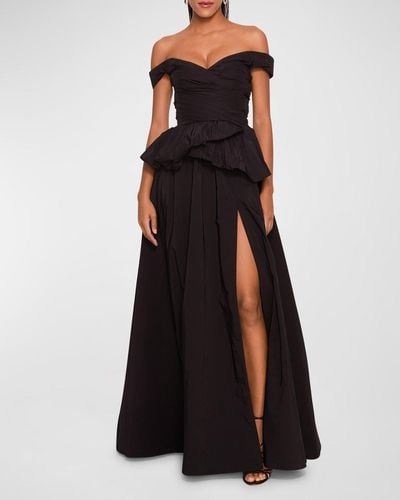 Marchesa Off-Shoulder Taffeta Peplum Gown - Black