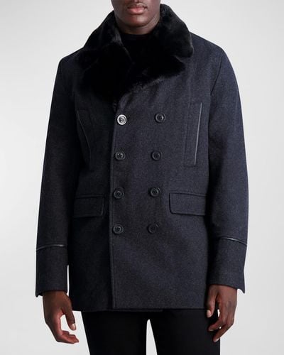 Karl Lagerfeld Wool Peacoat W/ Faux Fur Collar - Black