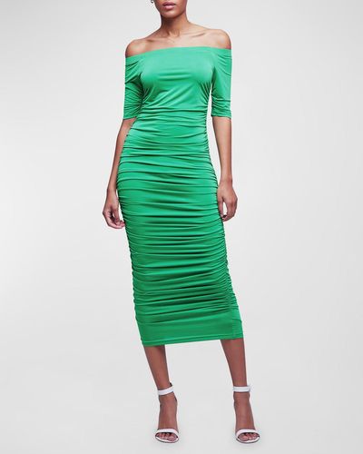L'Agence Sequoia Ruched Off-Shoulder Midi Dress - Green