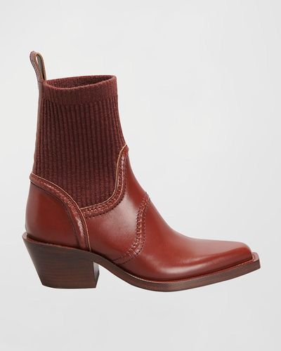 Chloé Nellie Western Sock Ankle Boots - Red