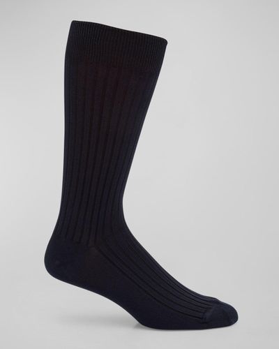 Neiman Marcus Ribbed Cotton Crew Socks - Blue