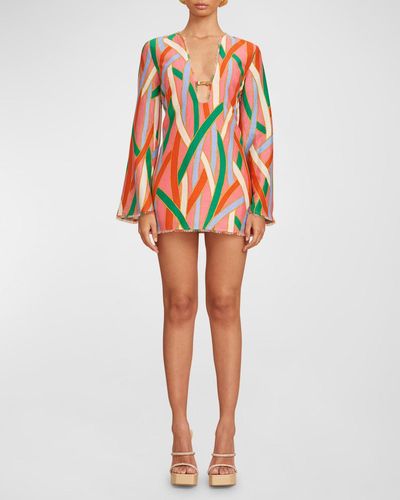 Cult Gaia Aniya Stripe-Print Flared-Sleeve Mini Dress