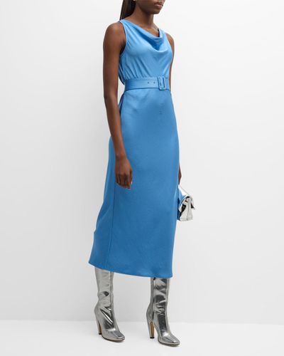 LAPOINTE Cowl-Neck Belted Sleeveless Satin Bias Midi Dress - Blue