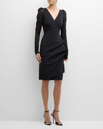 La Petite Robe Di Chiara Boni Pleated Lace-Sleeve Bodycon Midi Dress - Black