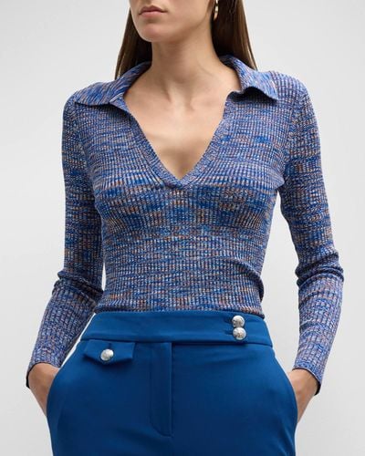 Veronica Beard Chandra Long-Sleeve Knit Polo Top - Blue