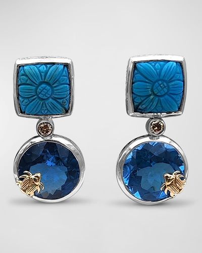 Stephen Dweck Hand Carved Turquoise, Blue Topaz And Champagne Diamond Earrings