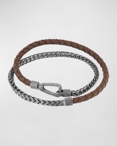 Marco Dal Maso Lash Double Wrap Leather Franco Chain Combo Bracelet With Push Clasp - Metallic