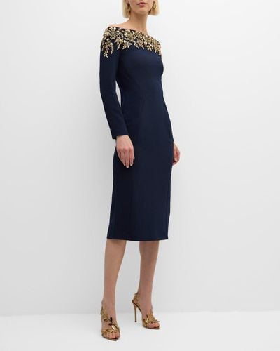 Jenny Packham Rosabel Crystal Off-The-Shoulder Long-Sleeve Dress - Blue