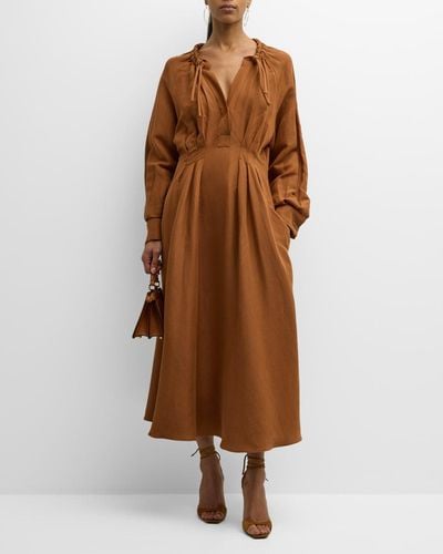 Max Mara Drina Pleated Maxi Dress With Cinched Neckline - Brown