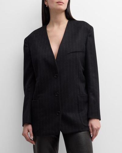 The Row Torania Pinstripe Collarless Single-Breasted Cashmere Blazer Jacket - Black