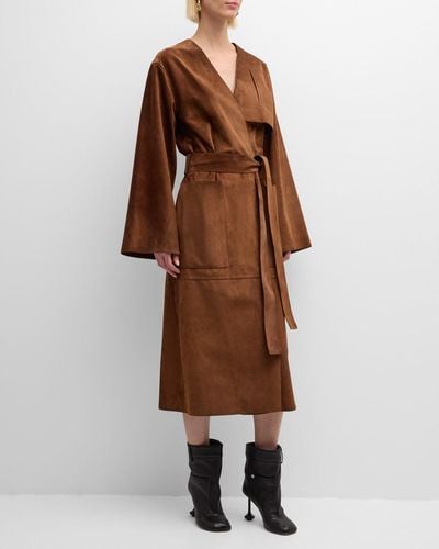 Loewe Belted Suede Leather Long Wrap Coat - Brown