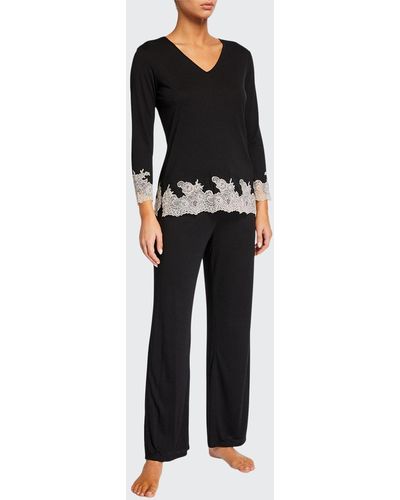 Natori Shangri La Luxe Lace-Trim Pajama Set - Black