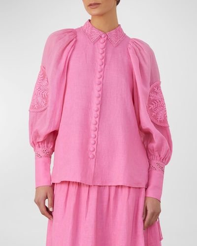 Joslin Studio Roxanna Embroidered Bishop-Sleeve Shirt - Pink