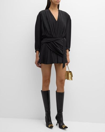 Balenciaga V-neck Draped Belted Long-sleeve Silk Crepe Mini Dress - Black