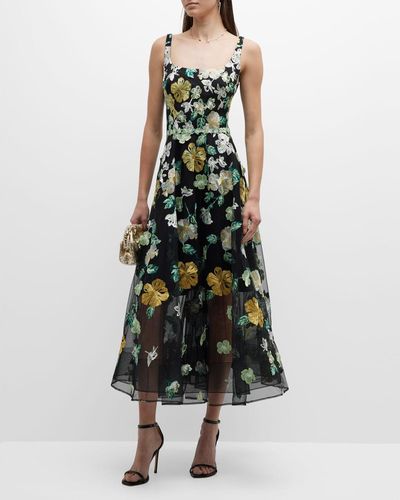 Marchesa Floral-Embroidered Tulle Midi Dress - Green
