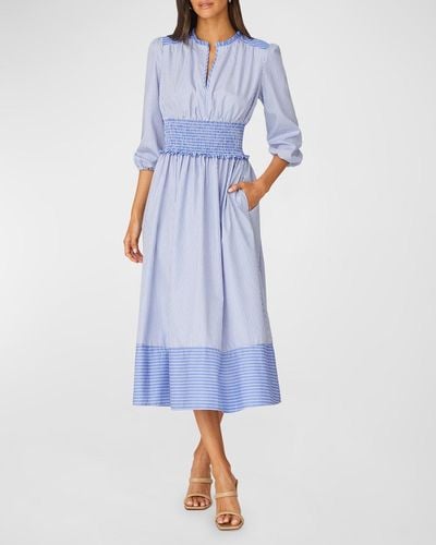 Shoshanna Eden Striped Split-Neck Smocked Midi Dress - Blue
