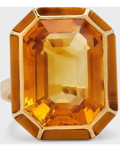 Goshwara 18k Yellow Gold Emerald-cut Citrine Ring With Tiger Eye - Orange