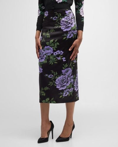 Carolina Herrera Floral-Print Satin Midi Pencil Skirt - Black