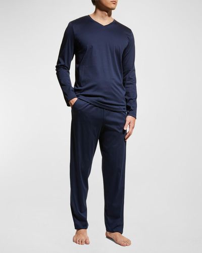 Hanro Night Selection Long Cotton Pajama Set - Blue