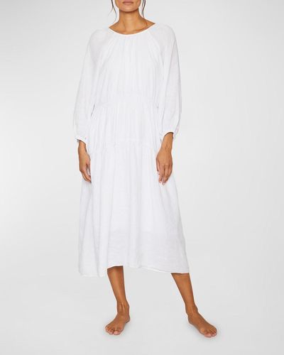 Pour Les Femmes Karina Tiered Blouson-sleeve Midi Dress - White
