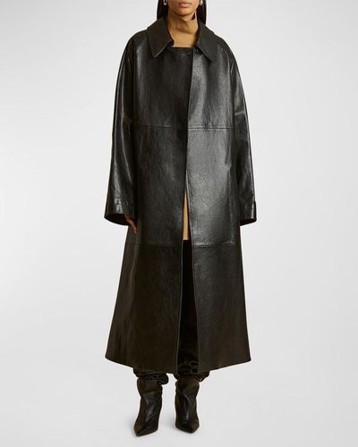 Khaite Minnie Belted Leather Long Trench Coat - Black