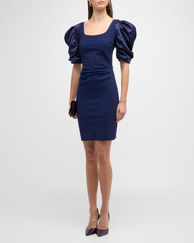 La Petite Robe Di Chiara Boni Scoop-Neck Ruched-Sleeve Bodycon Mini Dress - Blue