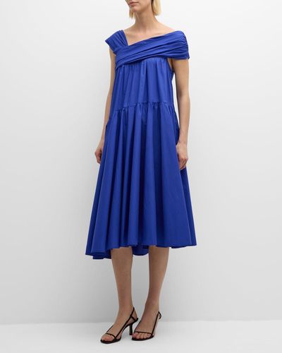 Merlette Crane Asymmetric Cotton Poplin Midi Dress - Blue