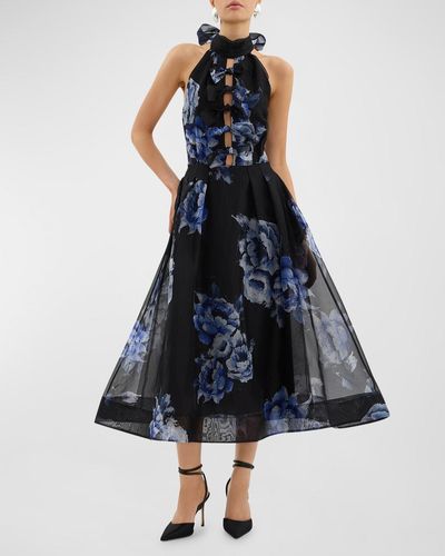 Rebecca Vallance Florentine Floral- Cutout Midi Dress - Blue