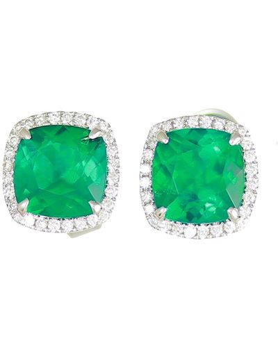Frederic Sage 18k White Gold Cushion Lab-created Emerald & Diamond Halo Stud Earrings - Green