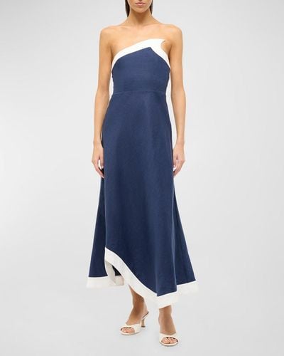 STAUD Sirani Strapless Two-Tone Linen Midi Dress - Blue