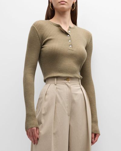 Vince Cashmere And Silk Ribbed Henley Shirt - Natural