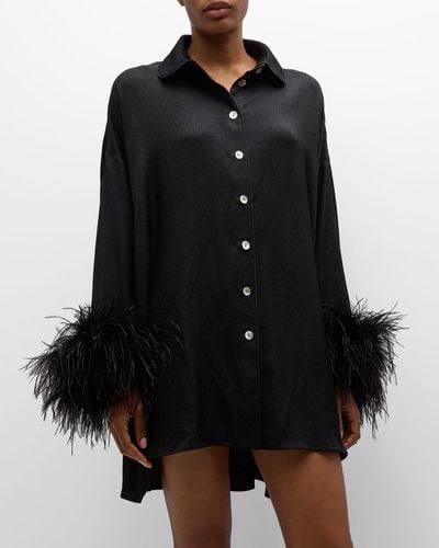 Sleeper Pastelle Oversized Feather-Trim Shirtdress - Black
