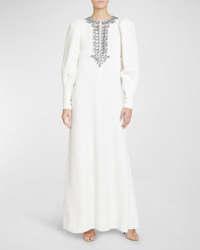 Andrew Gn Jeweled Bib Puff-sleeve Gown - White