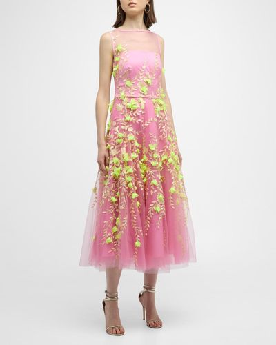Maison Common Sleevelesss Tulle Floral Embroidered Midi Dress - Pink