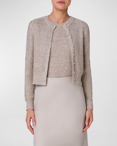 Akris Linen-Blend Short Knit Cardigan With Sequins - Gray