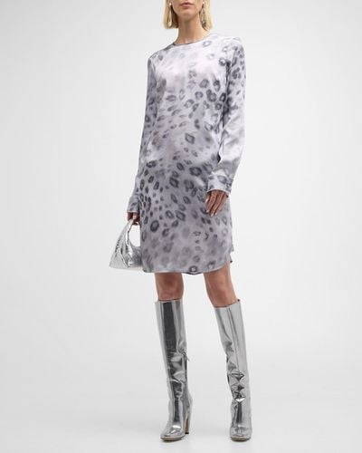 St. John Blur Leopard-Print Long-Sleeve Satin Crepe Dress - White