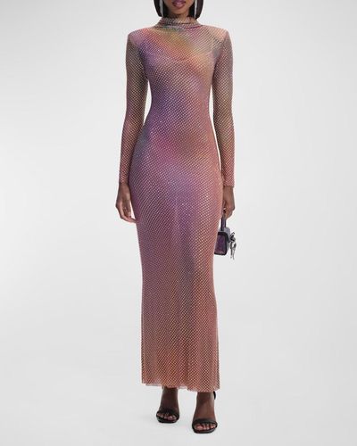 Self-Portrait Iridescent Printed Rhinestone Maxi Dress - Purple