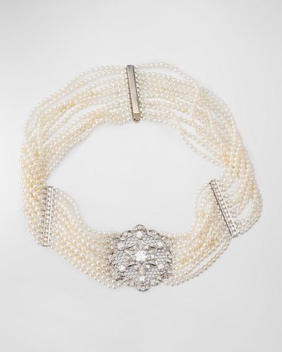 NM Estate Estate Art Deco Platinum 11-Strand Pearl Choker Necklace With Diamonds - White
