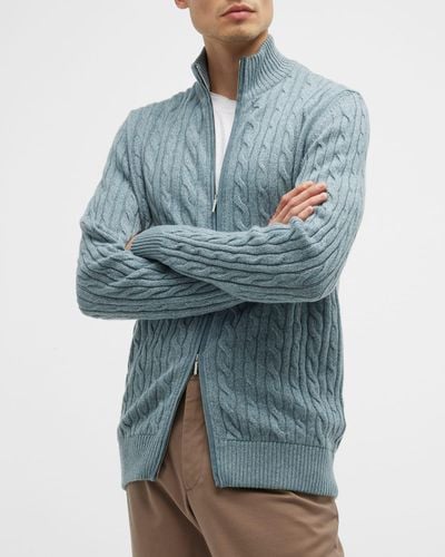 Loro Piana Cable-Knit Cashmere Zip-Front Sweater - Blue
