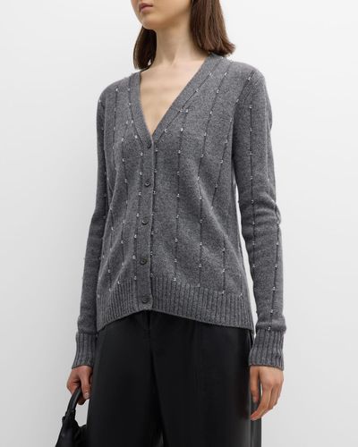 Neiman Marcus Cashmere Beaded Button-front Cardigan - Gray