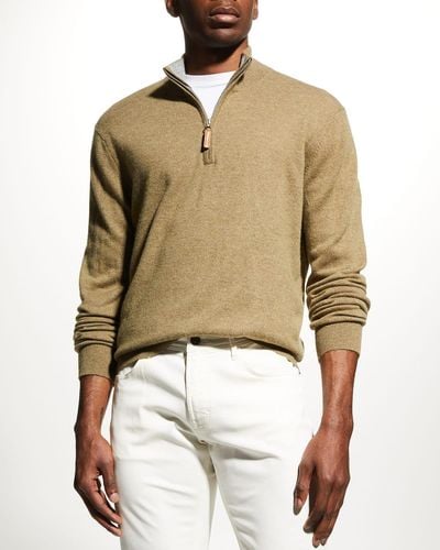 Neiman Marcus Wool-cashmere 1/4-zip Sweater - Natural